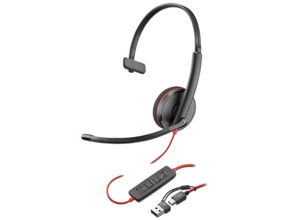 Audífonos Monoaurales USB-C Poly Blackwire 3210 + Adaptador USB-C/A, Bulk