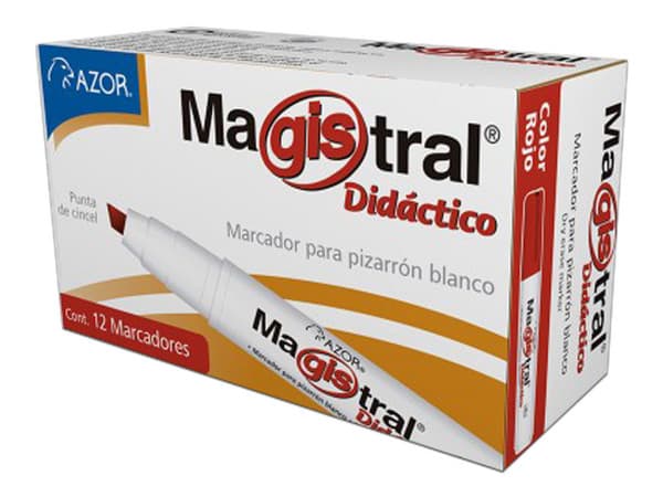 Paquete de Marcadores Azor Magistral Didáctico para Pizarrón Blanco, Punta tipo Cincel, 12 piezas, Color Rojo.