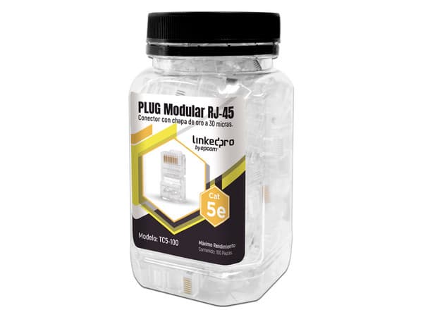 Plugs RJ45 LINKEDPRO TC5-100, Cat5e, Chapado de oro a 30 micras para durabilidad extrema, Bote con 100 Piezas.