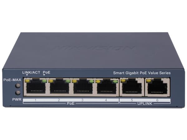 Switch Gigabit PoE+ Administrable Hikvision DS-3E1506P-EI/M, 4 Puertos PoE+ 1000Mbps, 2 Puertos Uplink 1000Mbps, Configuración Nube, Modo Extendido hasta 300m.