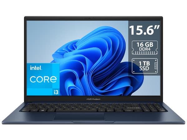 Laptop ASUS VivoBook: Procesador Intel Core i3 1315U (hasta 4.5 GHz), Memoria de 16GB DDR4, SSD de 1TB, Pantalla de 15.6" LED, Video UHD Graphics, S.O. Windows 11 Home (64 Bits).