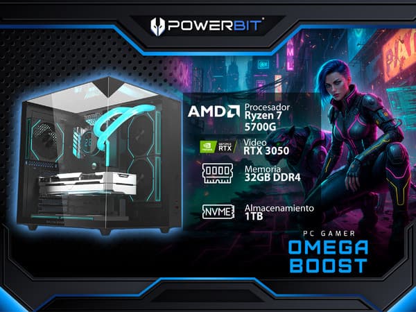 PC Gamer PowerBit Omega Boost: Procesador AMD Ryzen 7 5700G (hasta 4.6 GHz), Memoria de 32GB DDR4, SSD de 1TB, Wi-Fi 5, Bluetooth 5.0,Video NVIDIA GeForce RTX 3050, S.O. Windows 11 Home (Versión de Prueba),Incluye 3 Ventiladores RGB