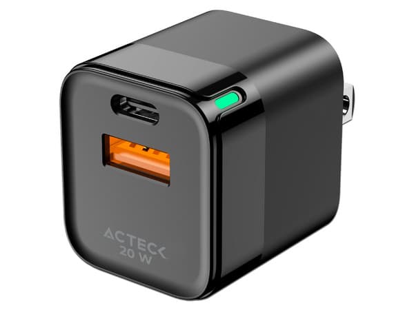 Cargador de pared Acteck Energon Prime, USB tipo A y USB tipo C, carga rápida de 20W, Color Negro.