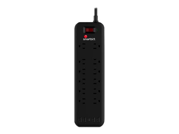 Multicontacto Supresor de picos Smartbitt de 12 Contactos NEMA 5-15R, USB, USB-C. Color Negro