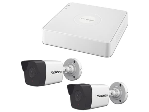 NVR Hikvision DS-7104NI-Q1/4P(C) de 2 MP, 4 canales Ethernet, Salida de video HDMI (4K), VGA, no incluye disco duro, Color Blanco. Incluye 2 Cámaras IP tipo bala.