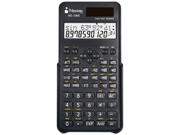 Calculadora Nextep Científica 10+2 Dígitos ofrece 240 funciones, doble línea y alimentación solar/batería.
