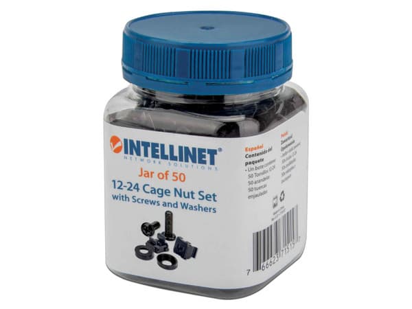 Paquete de 50 Tornillos Intellinet con tuercas y arandelas enjauladas para rack.