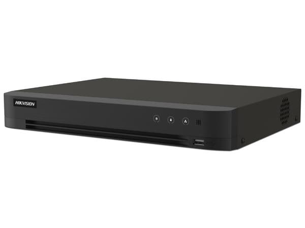 DVR Hikvision IDS-7216HUHI-M1/T de 16 Canales TurboHD + 16 Canales IP de hasta 8MP, Audio por Coaxitron, Bahía de Disco Duro(No Incluido), H.265+, ACUSENSE. Color Negro.