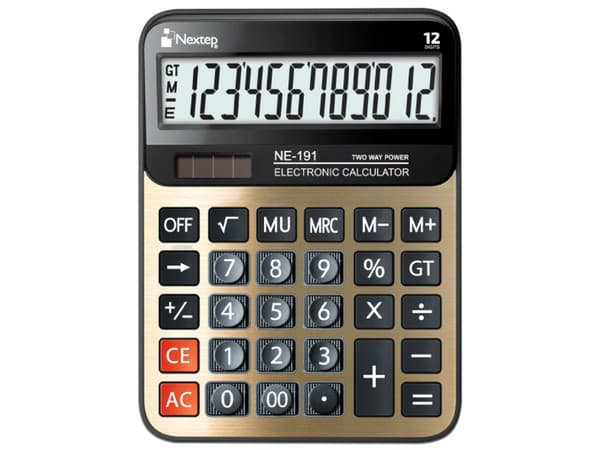 Calculadora Nextep 12 Dígitos Gran Escritorio cuenta con alimentación solar y batería, ideal para oficina.