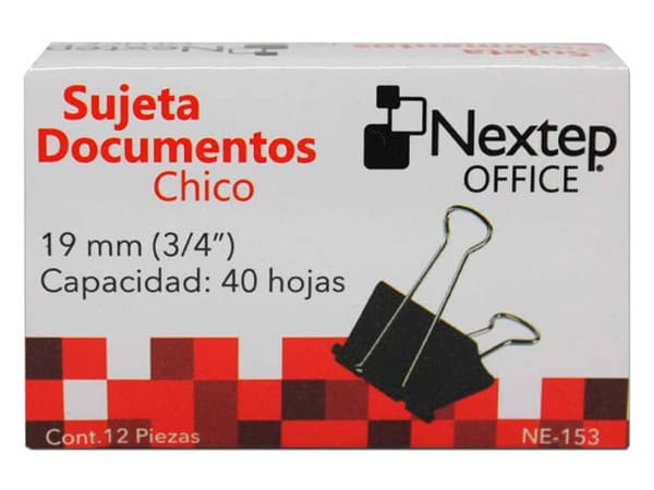 Sujeta Documentos Chico de 19 mm (3/4") con 12 piezas por caja. Paquete con 10 cajas.