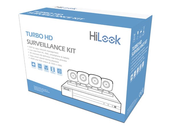 Kit de Videovigilancia HiLook HL28LQKITS-M(B), Incluye 4 Cámaras tipo Bala de 2MP (1920 x 1080), DVR de 8 Canales 720p, Fuente de Poder y 4 Cables siamés para video y alimentación.