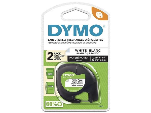 Cinta etiquetadora Dymo Letratag, negro sobre blanco, material papel, paquete con 2 piezas.