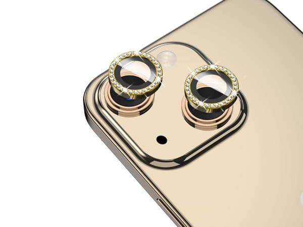 Mica Vidrio MYBAT GlamCam para iPhone 15 y 15 PLUS, Brillos Oro, Vidrio Templado 9H, Nano Tecnología, Protección contra Fragmentación.