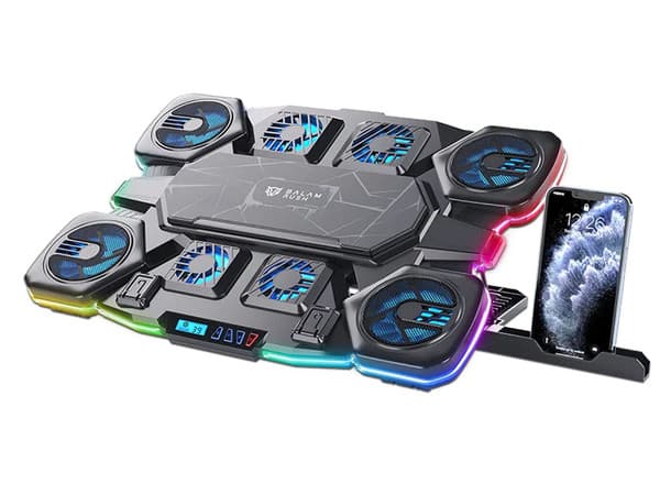 Base enfriadora Balam Rush Eolox Cryotech EF780 para laptop de hasta 17", 9 ventiladores de alta eficiencia, diseño negro, ajuste de altura, puertos USB para conexión, soporte para celular