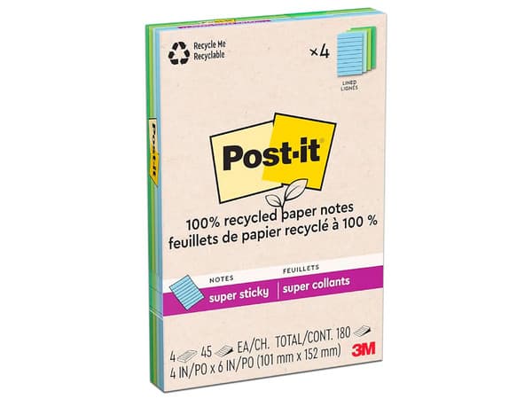 Block 3M Post-it 4621R-4SST Raya Super Sticky Oasis, 4x6 Pulgadas (10.16x15.24 cm), 45 Hojas por Block, Paquete con 4 Blocks.