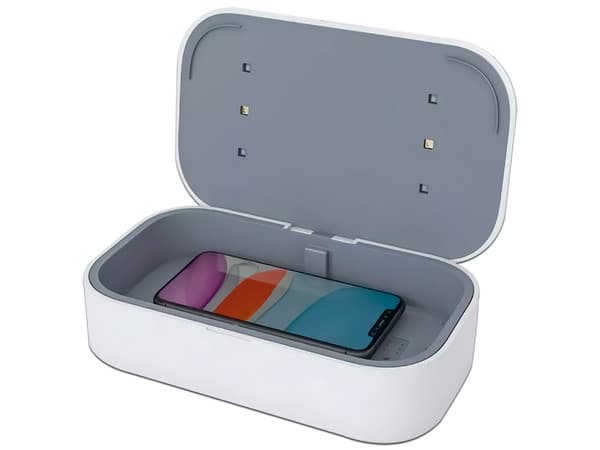 Sanitizador y Cargador inalámbrico APG M1PRO, Qi, Universal, Color Blanco.