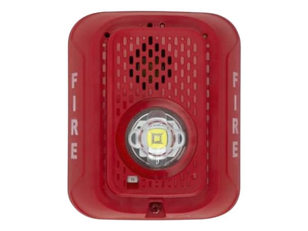Sirena con Lámpara LED Estroboscópica P2RLED, 2 Hilos, Montaje en Pared, 12/24 Vcd, Configuración Estroboscópica Seleccionable, Texto en Inglés, Color Rojo.