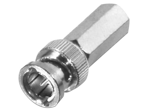 Conector BNC RF Industries RFB-1705, Macho de Ensamble Roscable para Cable Coaxial RG-59/U, Níquel, Oro, Delrin.