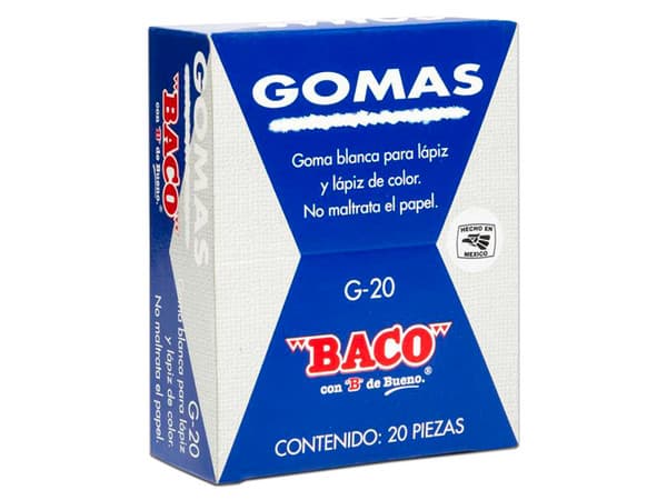Borrador Baco GM003 para Lápiz, Grande, 20 Piezas. Color Blanco.
