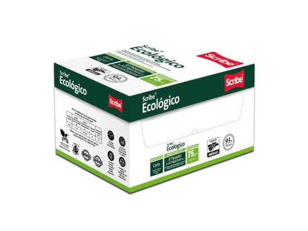 Papel Scribe Ecológico, Carta, 93% Blancura, Caja con 5000 Hojas.