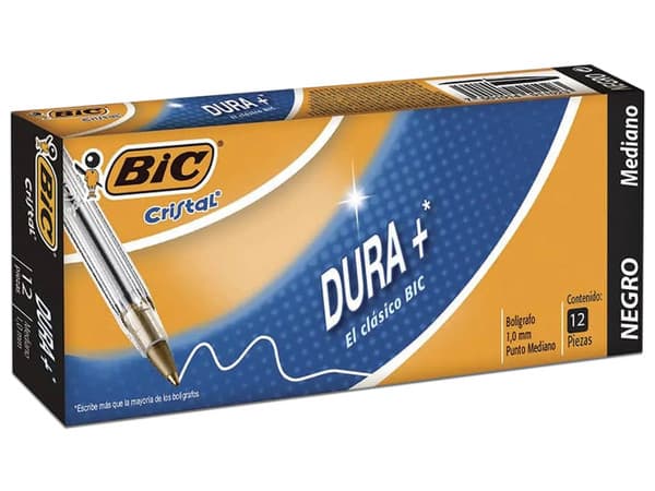 Bolígrafo BIC M-250 Dura+, punto mediano, color negro, escritura suave y duradera.