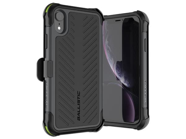 Funda Ballistic TJ Maxx para iPhone XR. Color Negro. Con clip y mica de cristal templado.