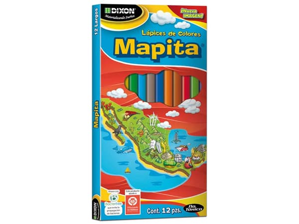 Colores Dixon 1930 Mapita, largos, caja con 12 piezas, ideales para uso escolar y artístico.