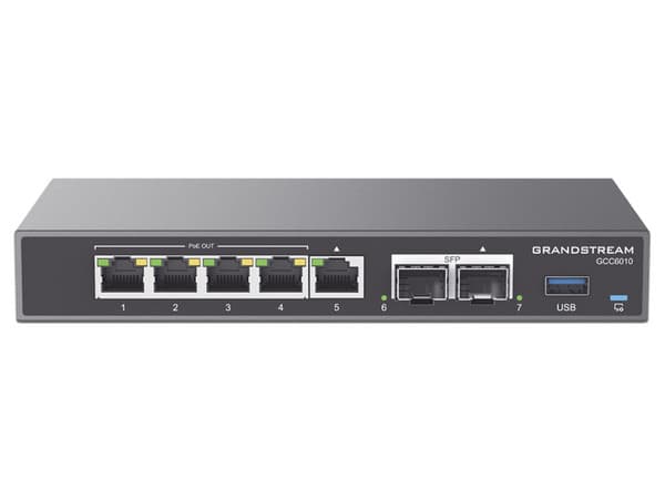Dispositivo 4 en 1 Grandstream GCC6010, PBX IP, Firewall de última generación, Ruteador VPN y Switch, 5 puertos Gigabit 4 con PoE, WiFi-6, 2 SFP y 1 USB.
